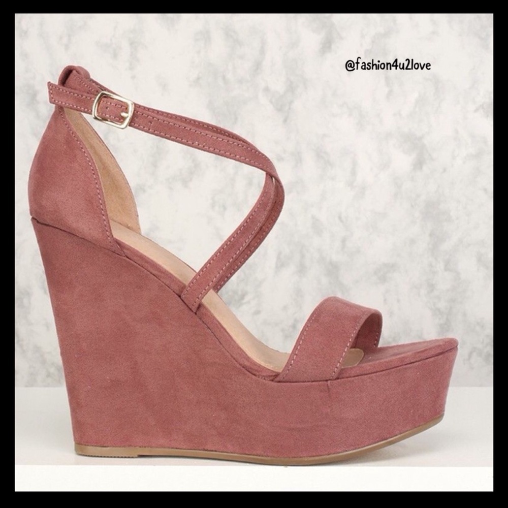 Blush Crisscross Open Toe Wedges Vegan Suede. - Picture 5 of 5